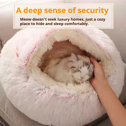 Round Fluffy Plush Pet Bed – Semi-Enclosed Cat Nest Cave, Cozy Cushion for Cats & Small Dogs