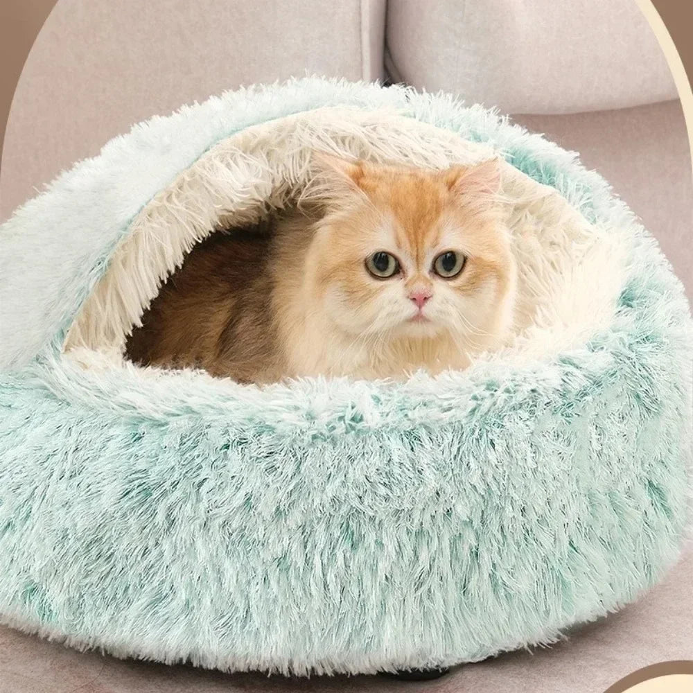 Round Fluffy Plush Pet Bed – Semi-Enclosed Cat Nest Cave, Cozy Cushion for Cats & Small Dogs