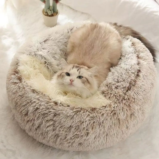 Round Fluffy Plush Pet Bed – Semi-Enclosed Cat Nest Cave, Cozy Cushion for Cats & Small Dogs